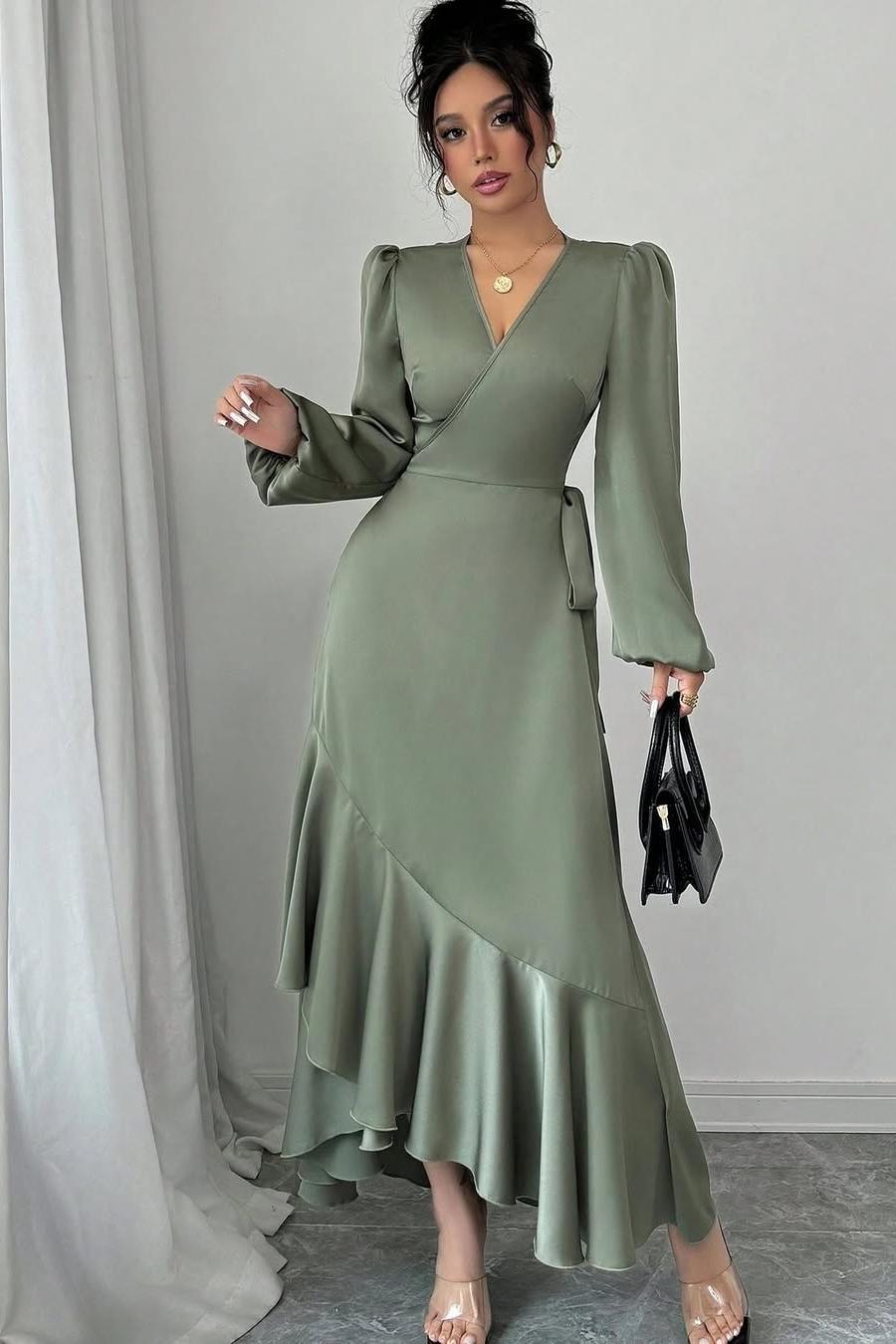 Lvs&Broner Shinning Long Sleeves V Neck Long Prom Dress With Ruffles Pleated