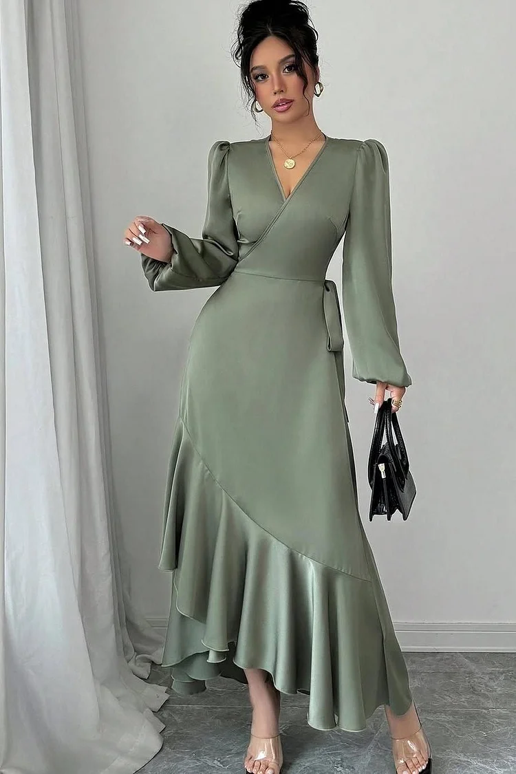 Shinning Long Sleeves V Neck Long Prom Dress With Ruffles Pleated XJ0534
