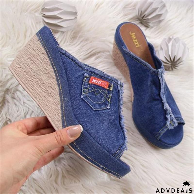 Women's Casual Peep Toe Denim Wedges Sandals