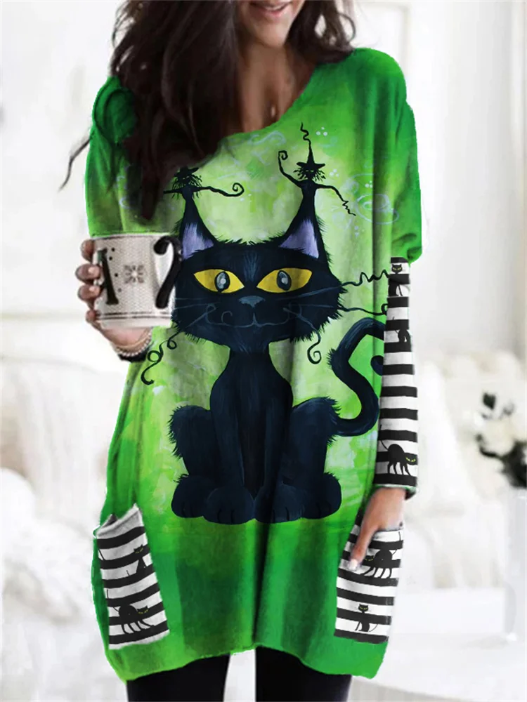 Wearshes Halloween Black Cat Witch Striped Patchwork Tunic
