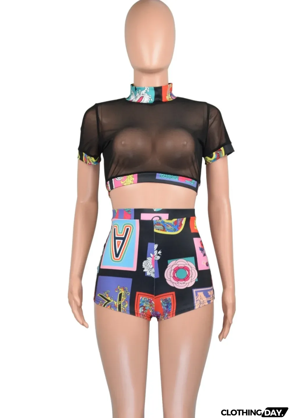 Women Summer Black Sexy Turtleneck Short Sleeves High Waist Printed Skinny Two Piece Shorts Set