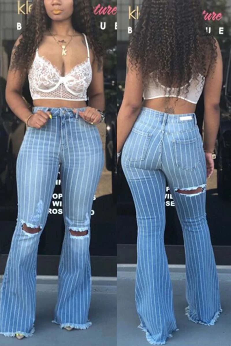Fashion Hole Striped Flared Jeans