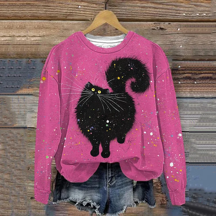 Comstylish Cute Black Cat Print Crew Neck Sweatshirt