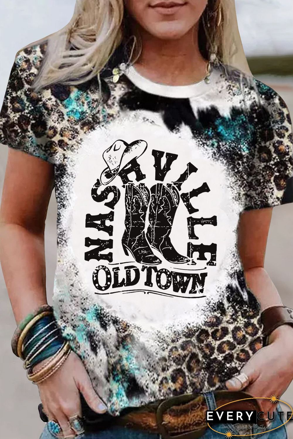 Leopard NASHVILLE OLD TOWN Graphic Print Bleached T Shirt