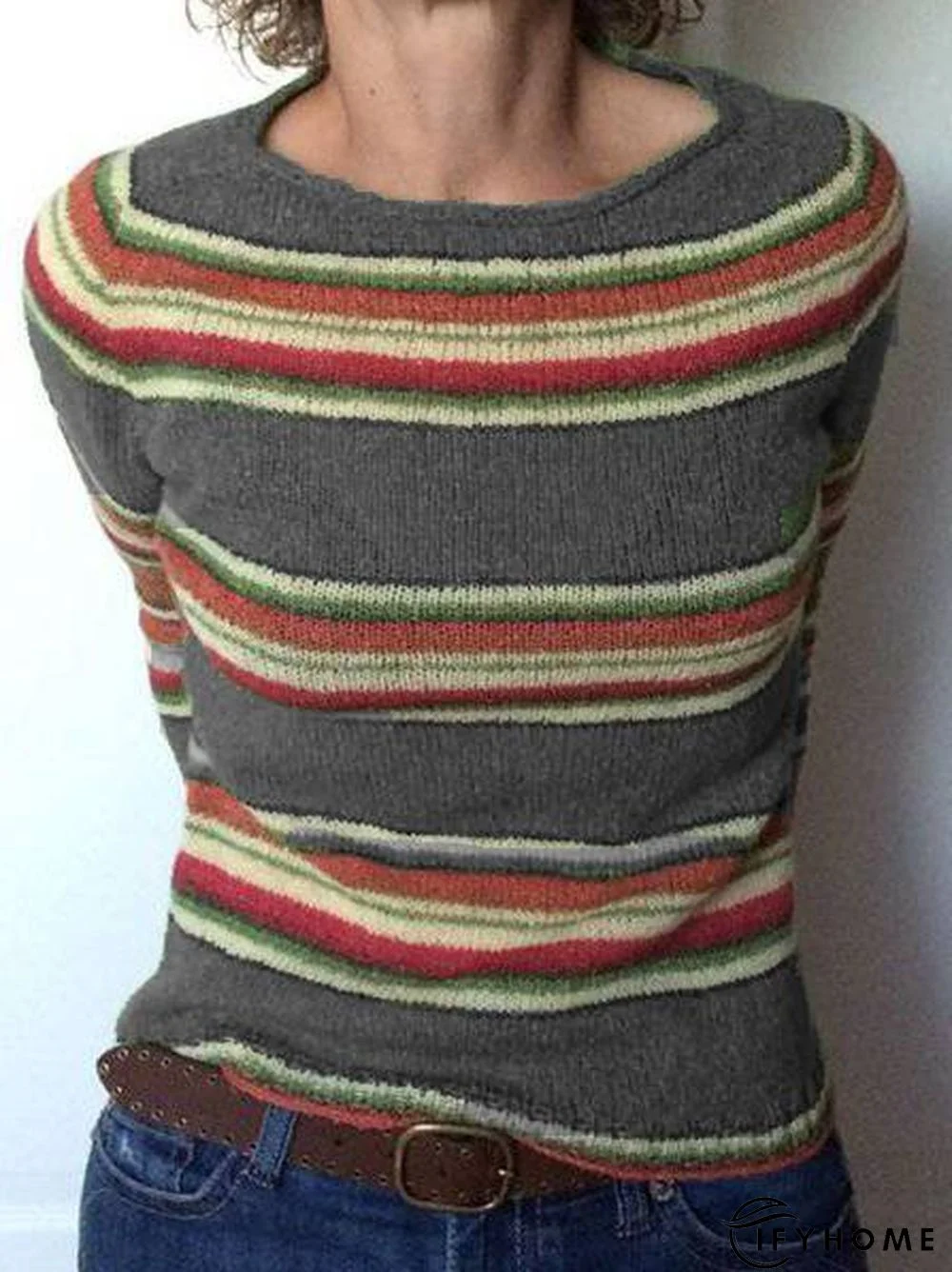 Green Knitted Long Sleeve Crew Neck Top | IFYHOME