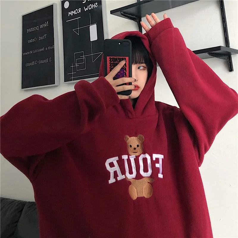 Oversized Vintage Hoodies Women Thicker Plus Velvet Warm Soft Autumn Winter Long Sleeve Clothes Japanese Sweatshirts Pullover