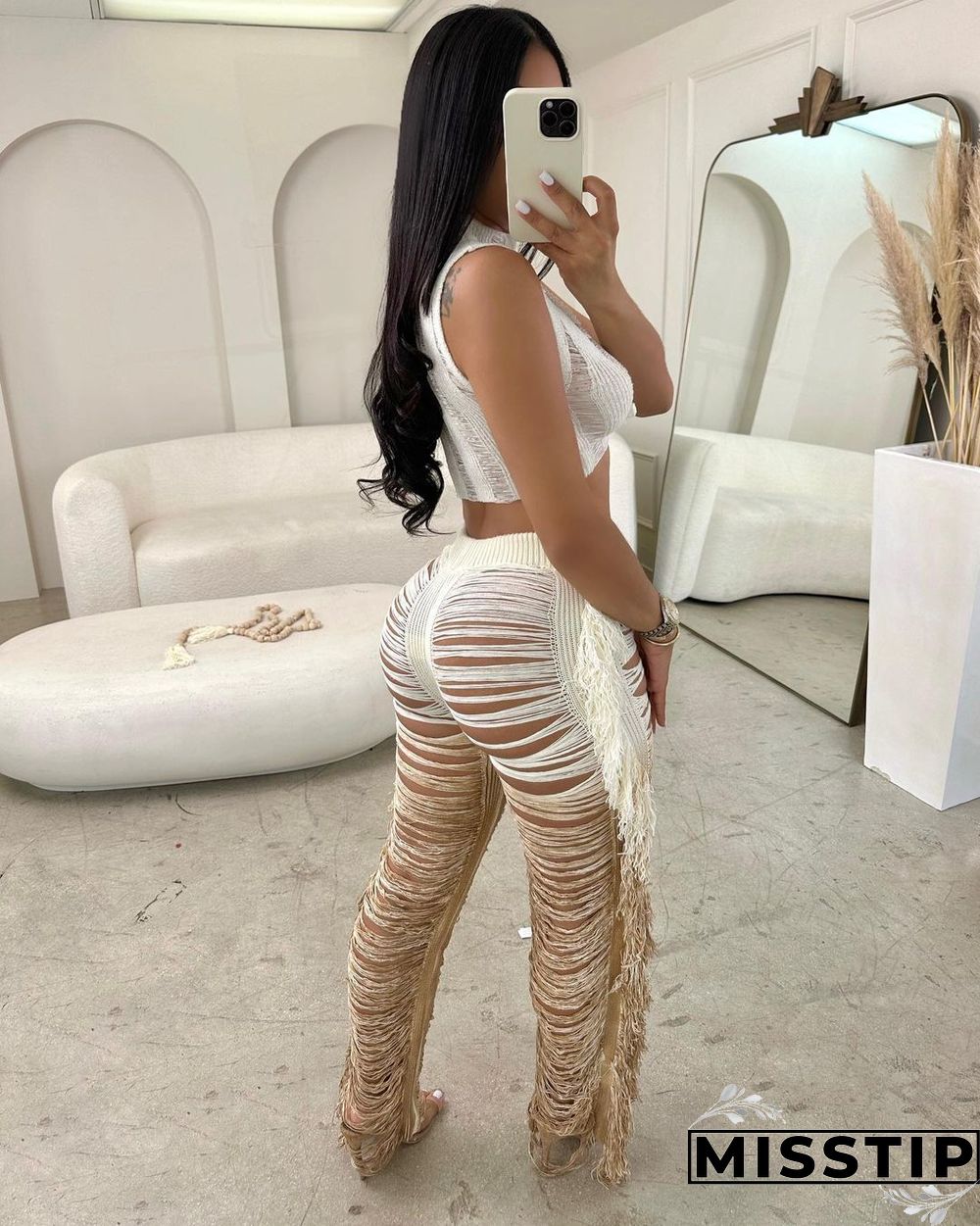 Gradient Knitted Tassel Two Piece Pants Set