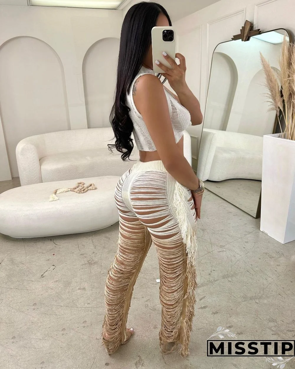 Gradient Knitted Tassel Two Piece Pants Set