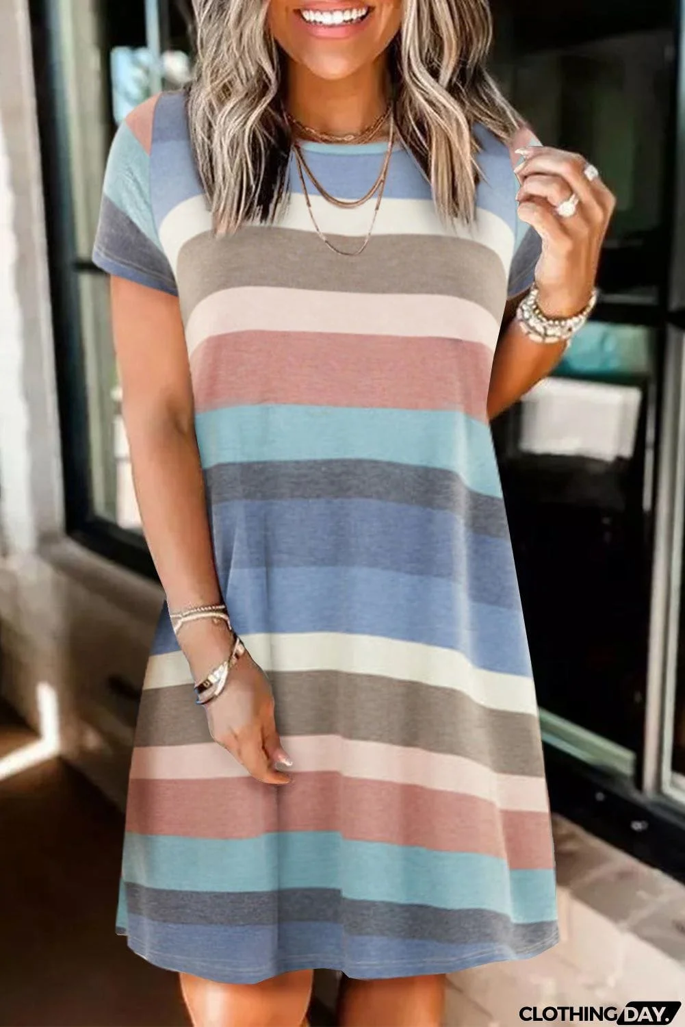 Multicolor Striped Pocket T Shirt Dress