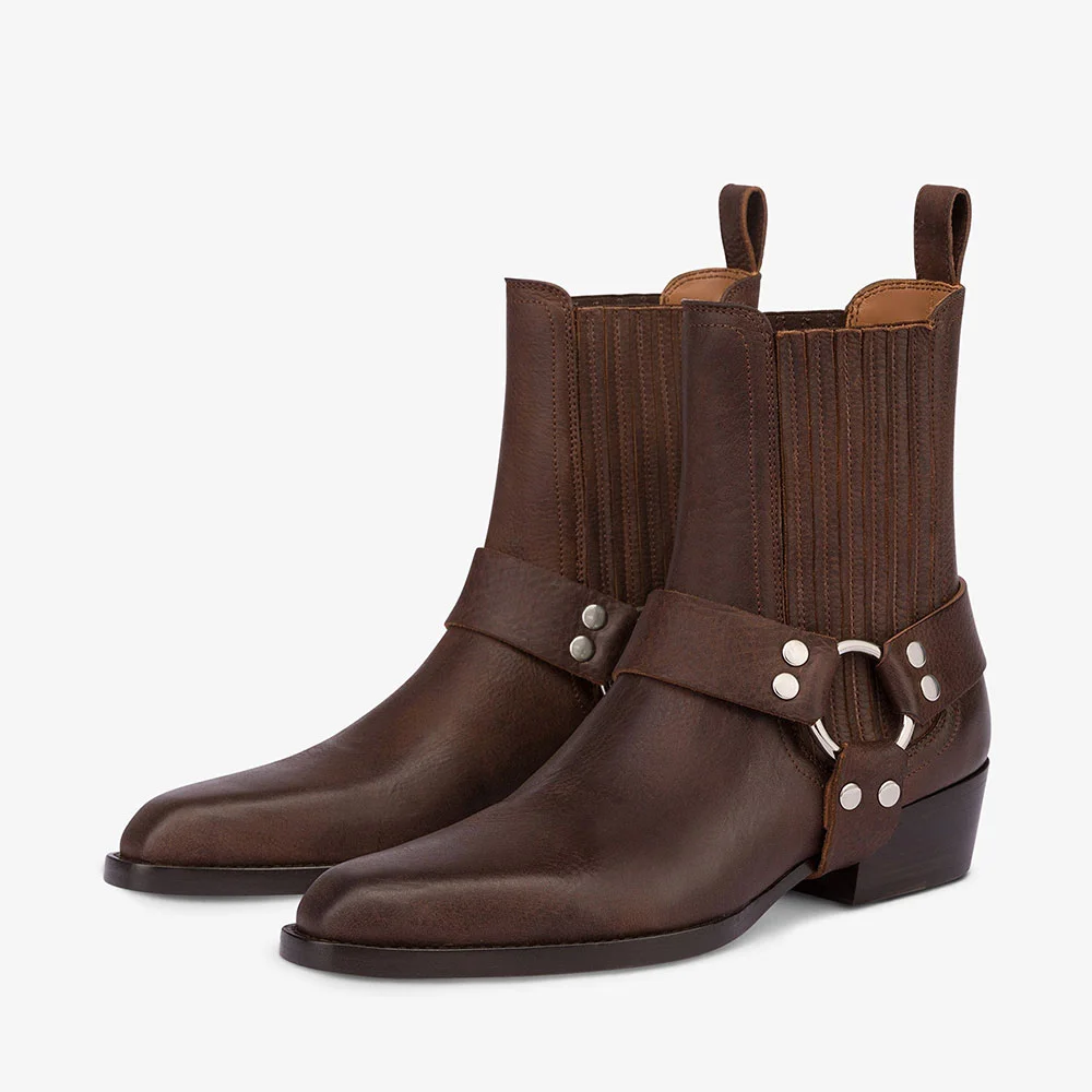 Brown Pointed Toe Chunky Heel Pull-On Ring Buckle Ankle Boots