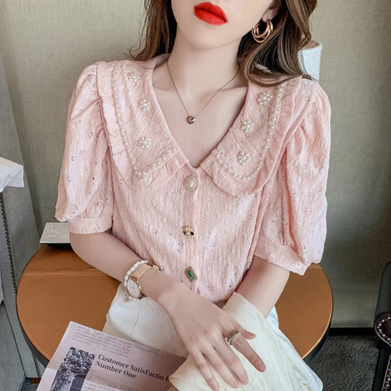 Vintage Short Puff Sleeve Summer Blouses Blusas Korean Beading Peter Pan Collar Shirts Women Tops Loose Kawaii Clothing 15132
