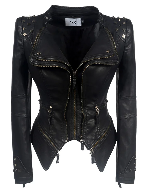 Punk Crew Neck Rivets Long Sleeve Zipper PU Jacket