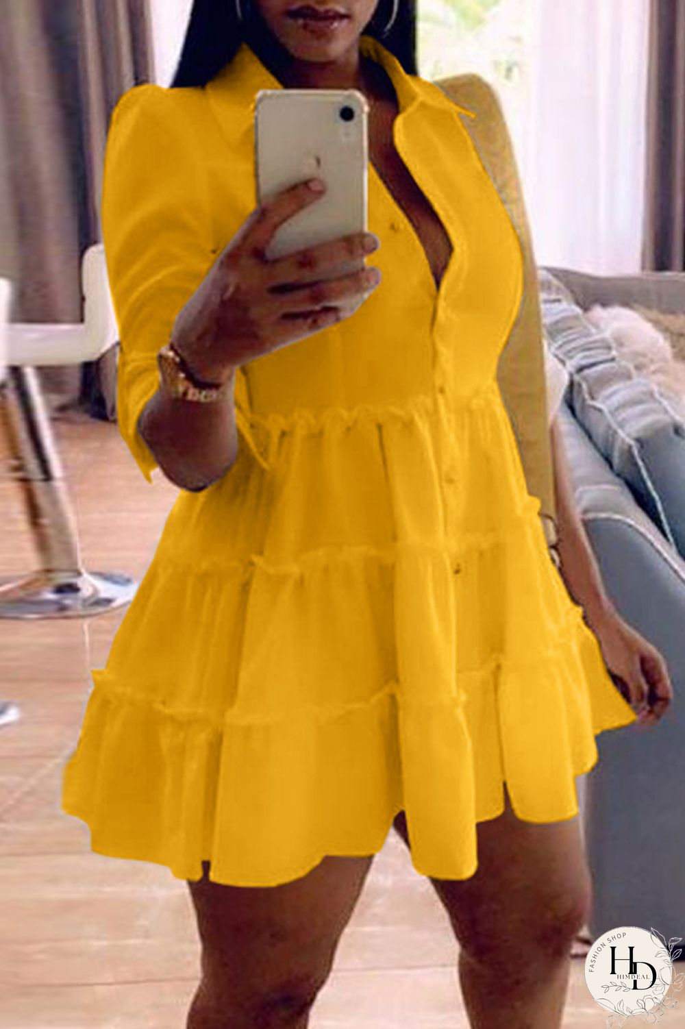 Rose Red Fashion Casual Solid Turndown Collar Shirt Dress