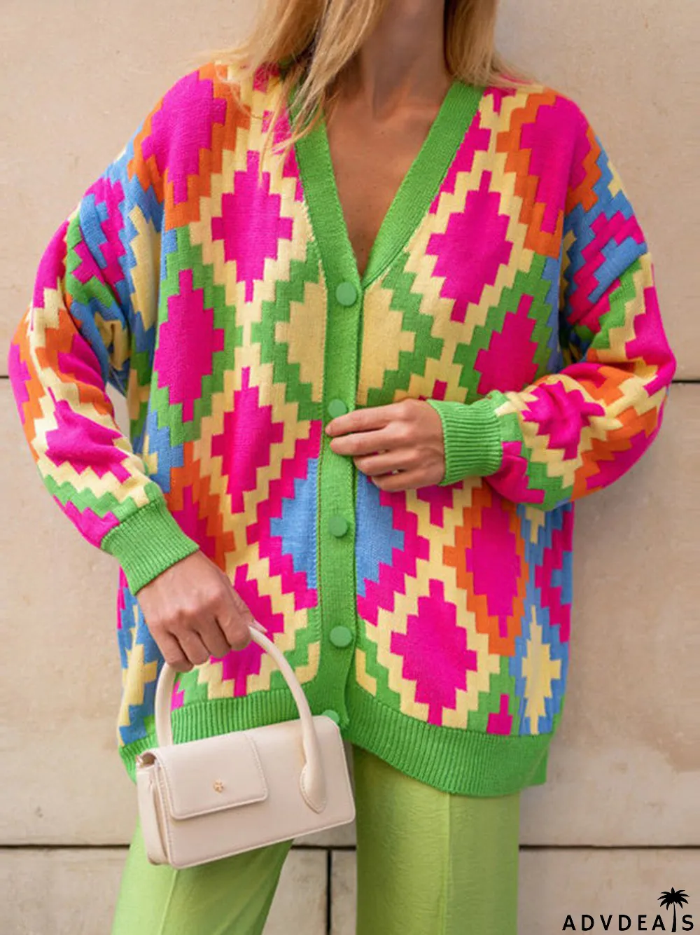 Women's V-neck Plaid Twist Knitting Long Sleeved Top