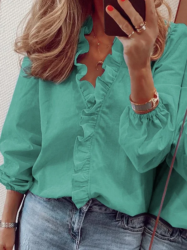 Puff Sleeves Falbala Solid Color V-Neck Blouses