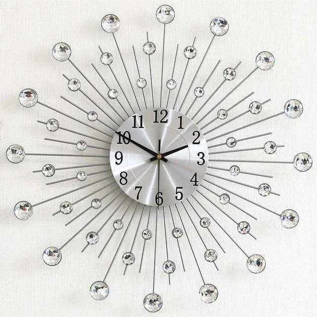 Modern 3D Crystal Wall Clock - 12.4 Inch Silver Mirror with Diamond Decoration