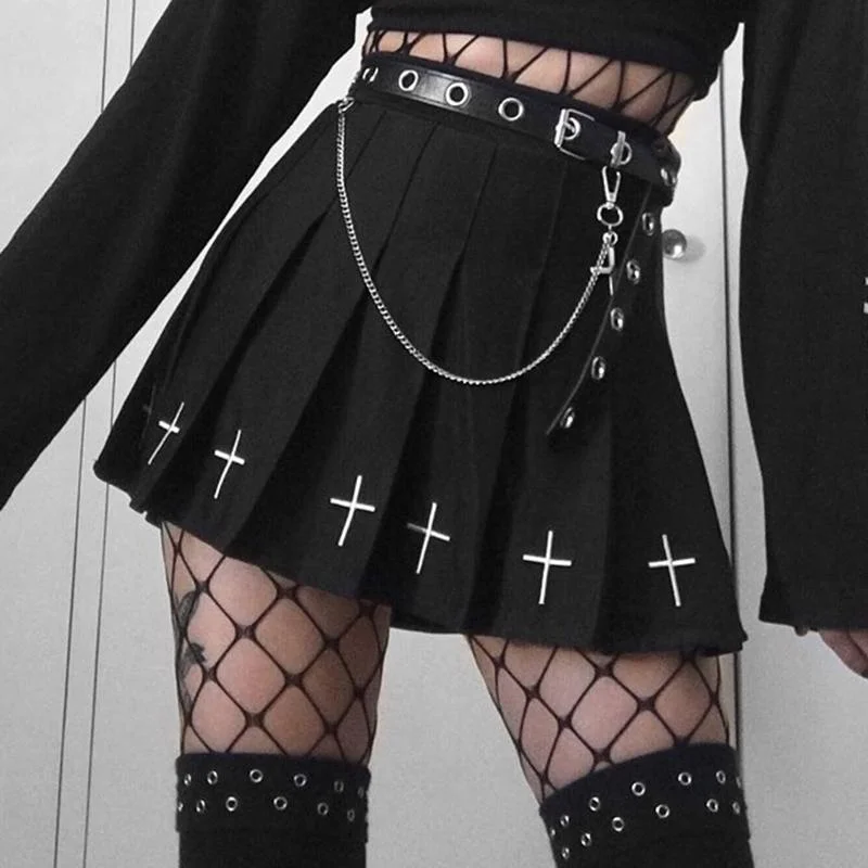 Gothic Cross Print Black Pleated Skirts SP13899