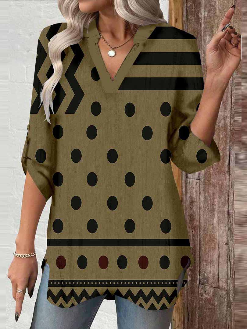 Women Polka-Dot,Striped,Khaki DZGA0320 3/4 Sleeve V-neck Printed Graphic Button Tops