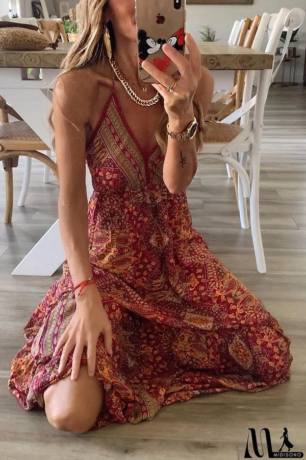 MidiSono - Celeste Boho Printed Strap Elastic Waist Maxi Dresses