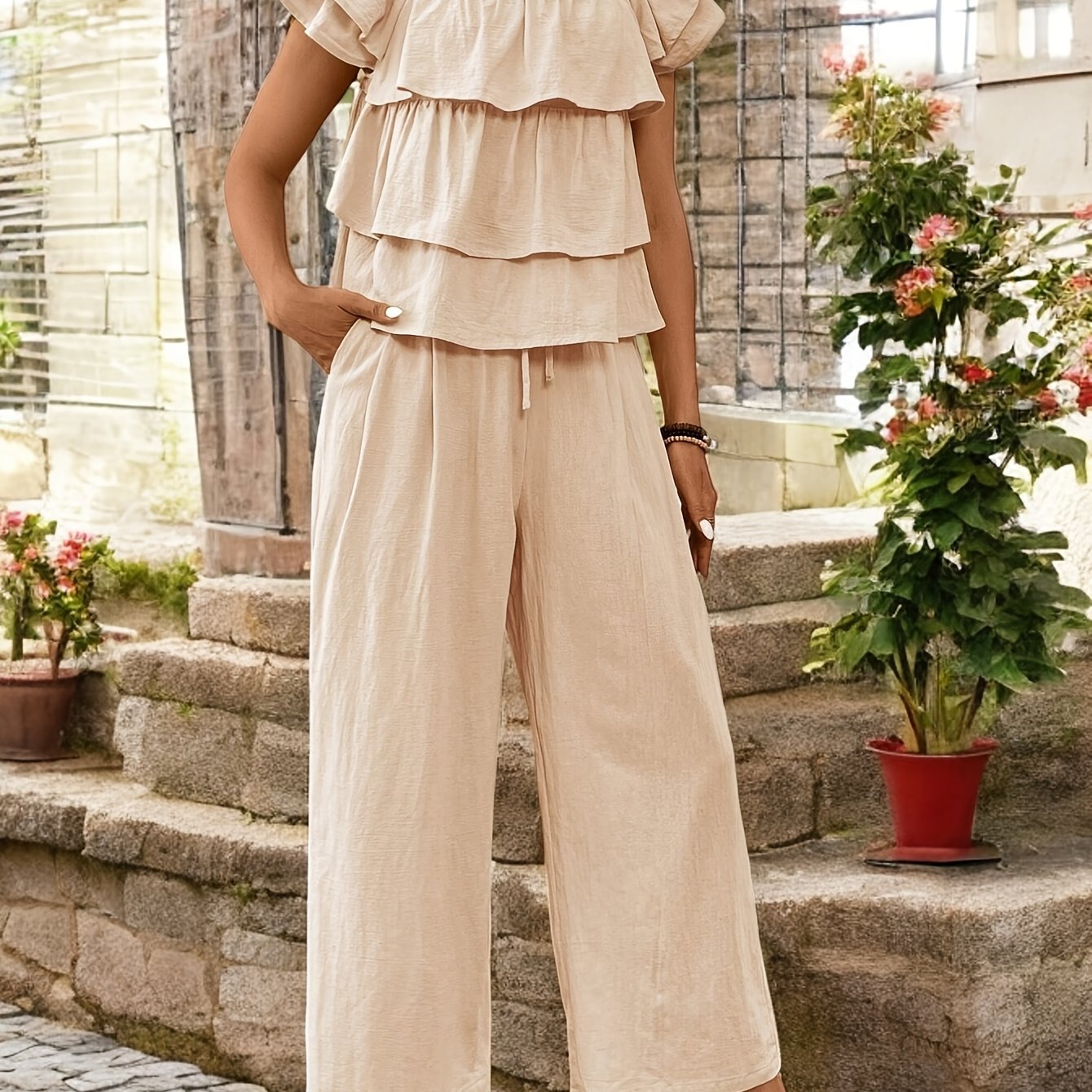 Casual Solid Color Square Neck Bell Sleeve Wide Leg Pants Two-Piece Set, Spring\u002FSummer Women's Wear