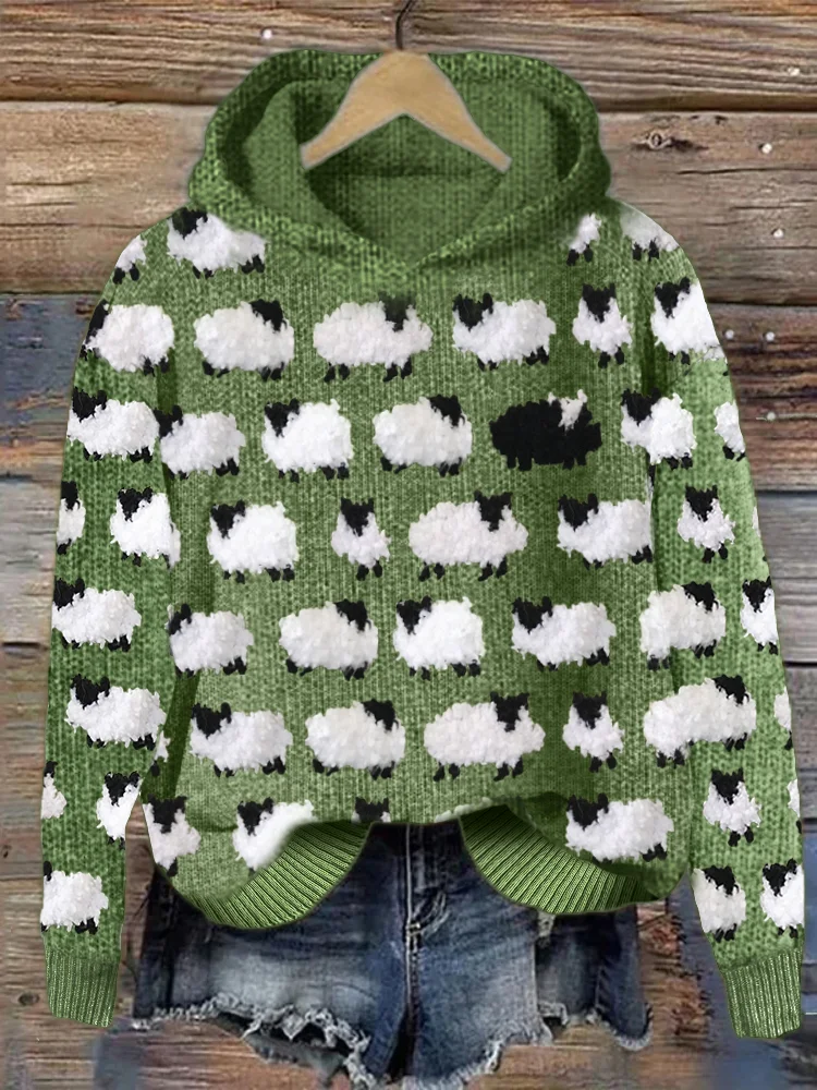 Vintage Fuzzy Sheep Fleece Pattern Cozy Knit Hoodie