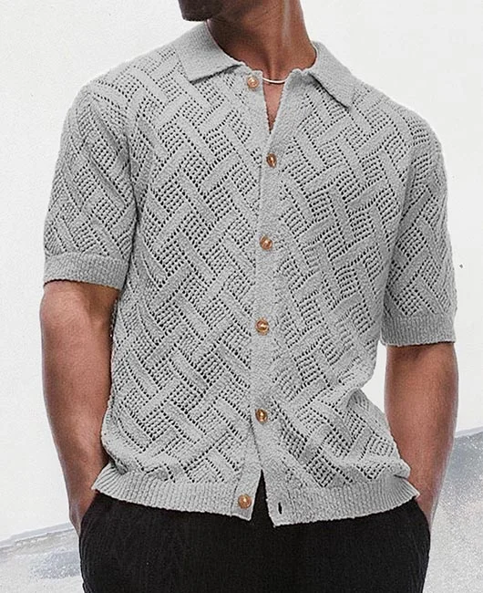 Casual Lapel Collar Single Breasted Hollow Knitted Shirt 