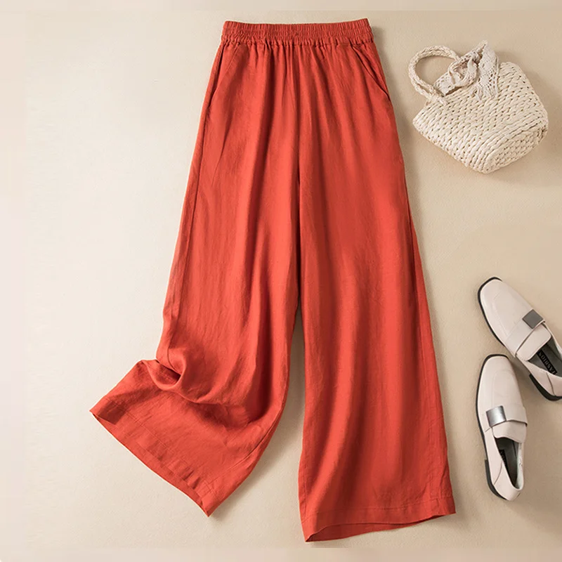 Solid Pocket Elastic Waist Straight Leg Casual Pants