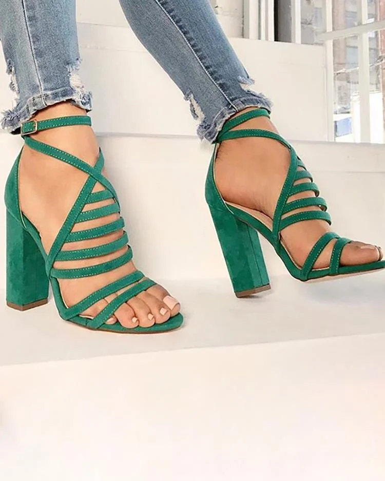 Ladder Cutout Suede Buckled Chunky Heels  Stunahome.com