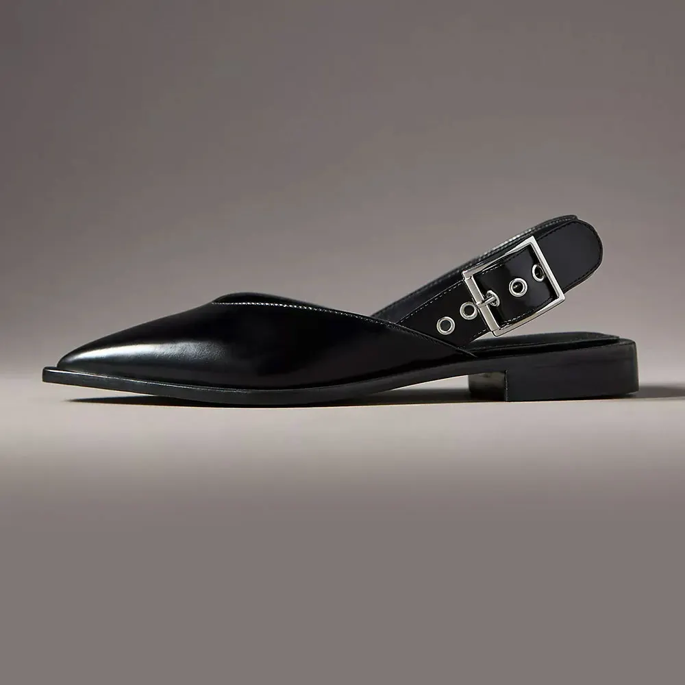 Elegant Black Pointed Toe Buckled Flat Slingback Shoes for Women