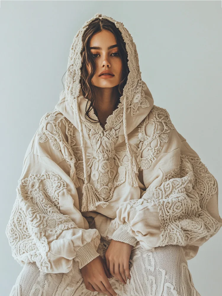 VChics Women's Casual Floral Embroidery Print Cozy Hoodie