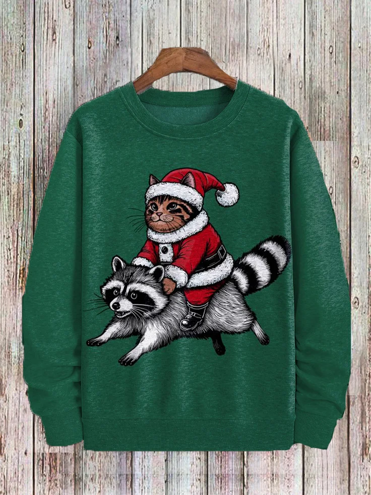 Men's Christmas Cat Riding A Raccoon Print Casual Sweatshirt