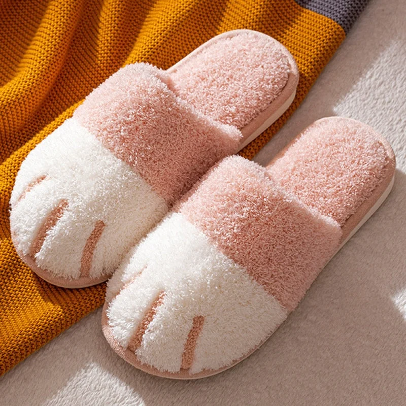 Winter House Cute Cat paw Slipper Women Fur Slippers Bedroom Floor Mute Lovers Plush Shoes Nonslip Indoor Women Fluffy Footwear
