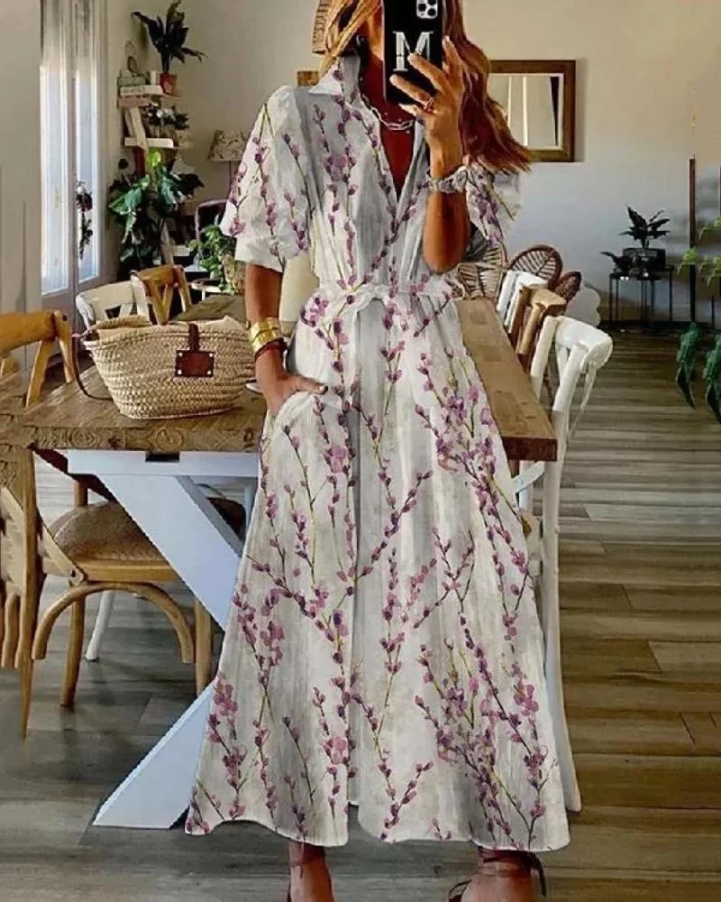 Casual high-waisted short-sleeved printed dress