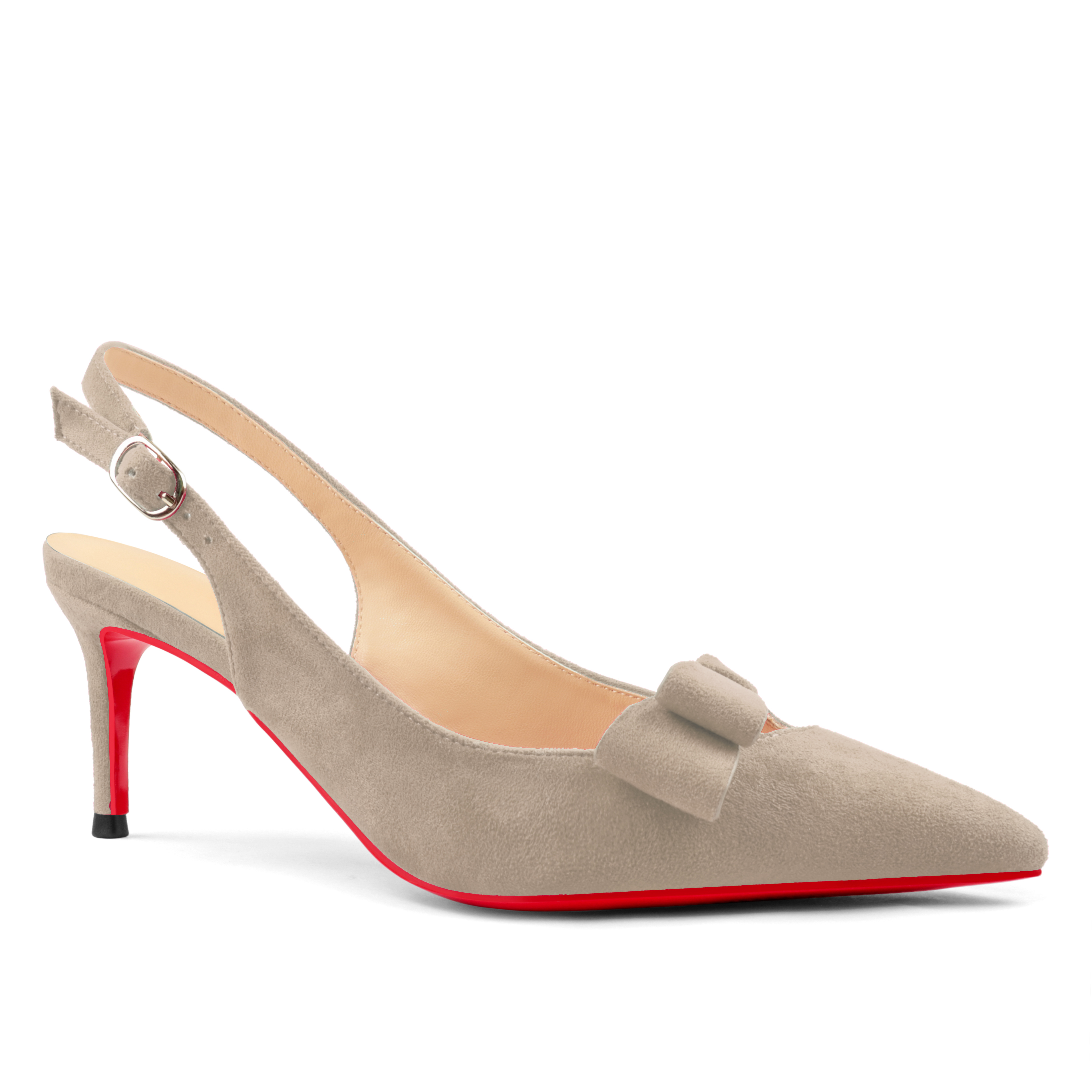 60mm Women's Pointed Toe Kitten Heels Bow-Knot Slingback Pumps Red Bottom Suede Sandals-MERUMOTE