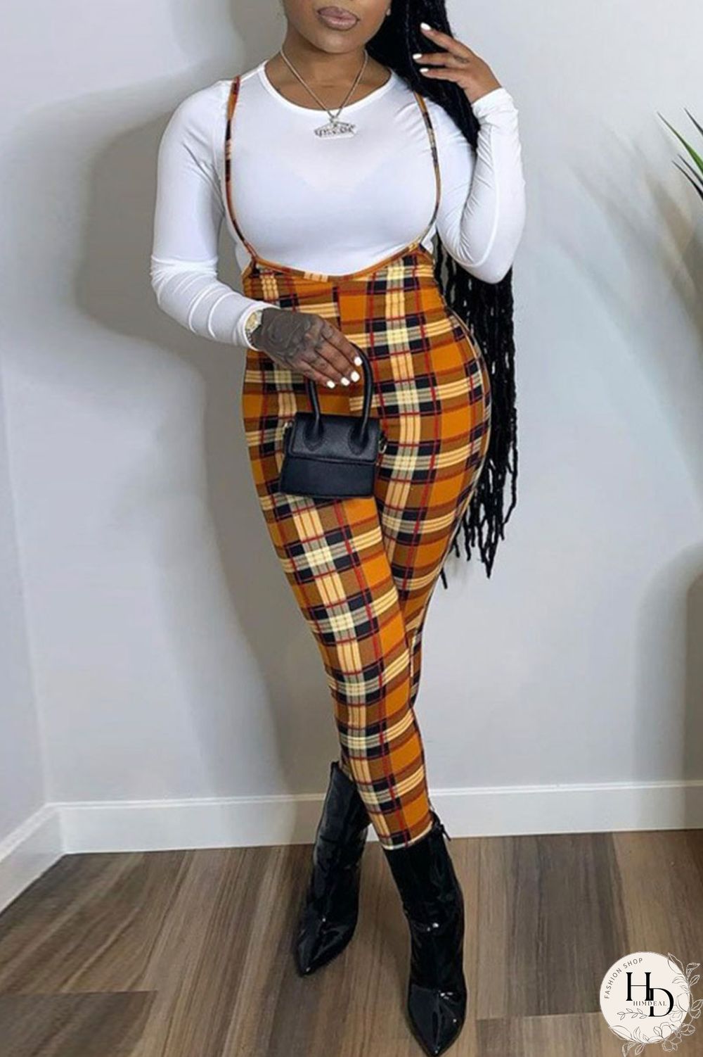 Red Fashion Casual Plaid Print Pants High Waist Bib Trousers