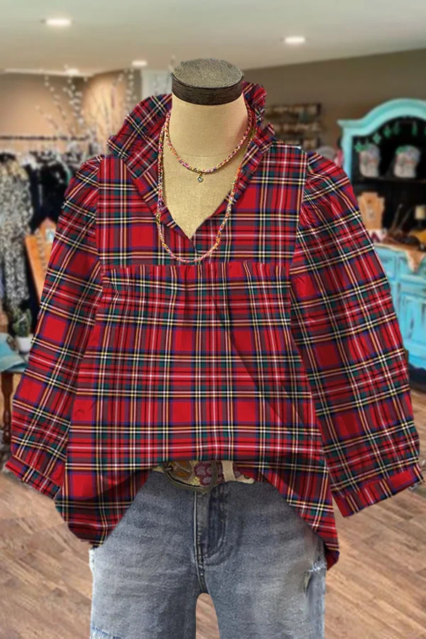 Plaid Ruffle V-Neck Bubble Sleeve Top