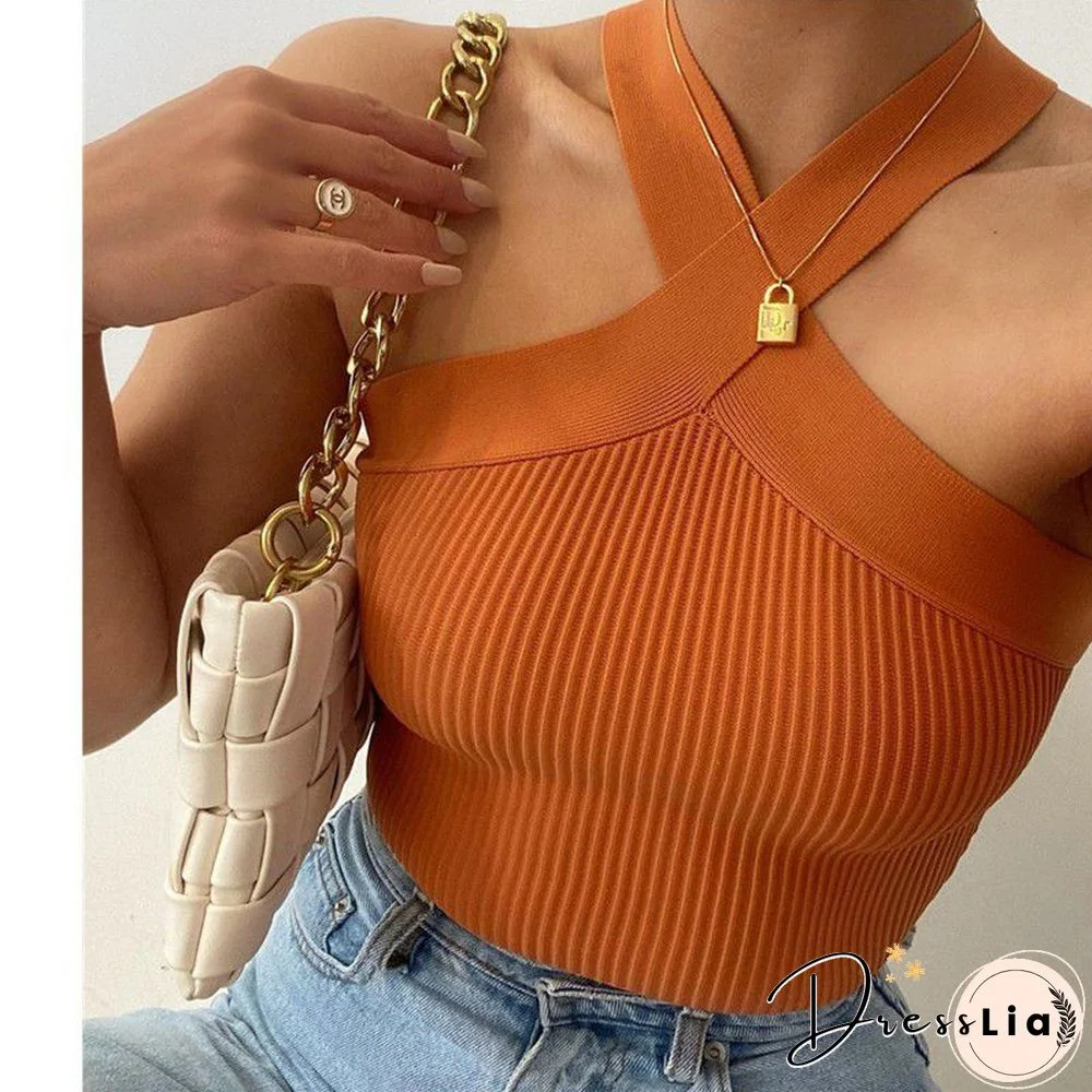 Crinkle Wide Ribbed Rib Criss Cross Halter Crop Top