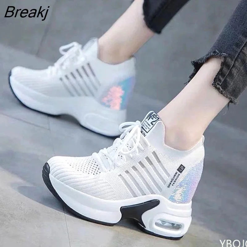 Breakj Women's Sneakers Spring Sequined Casual Shoes Women Platform Heels Wedges Height Increasing 2022 Knitted Ladies Vulcanized Shoes