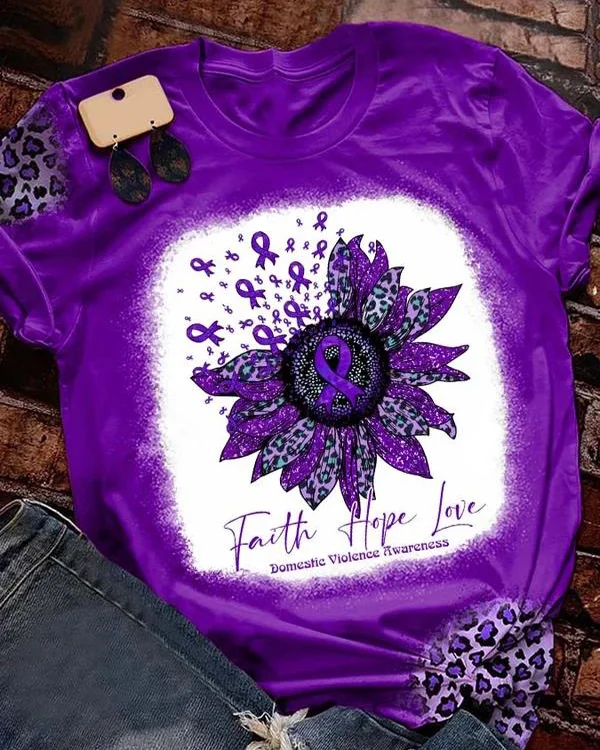 Faith Hope Love Domestic Violence Awareness Sunflower Leopard Print T-Shirt
