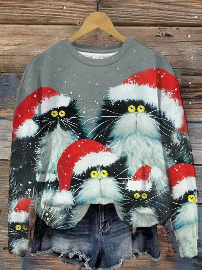 Funny Christmas Cats Art Pattern Print Casual Sweatshirt