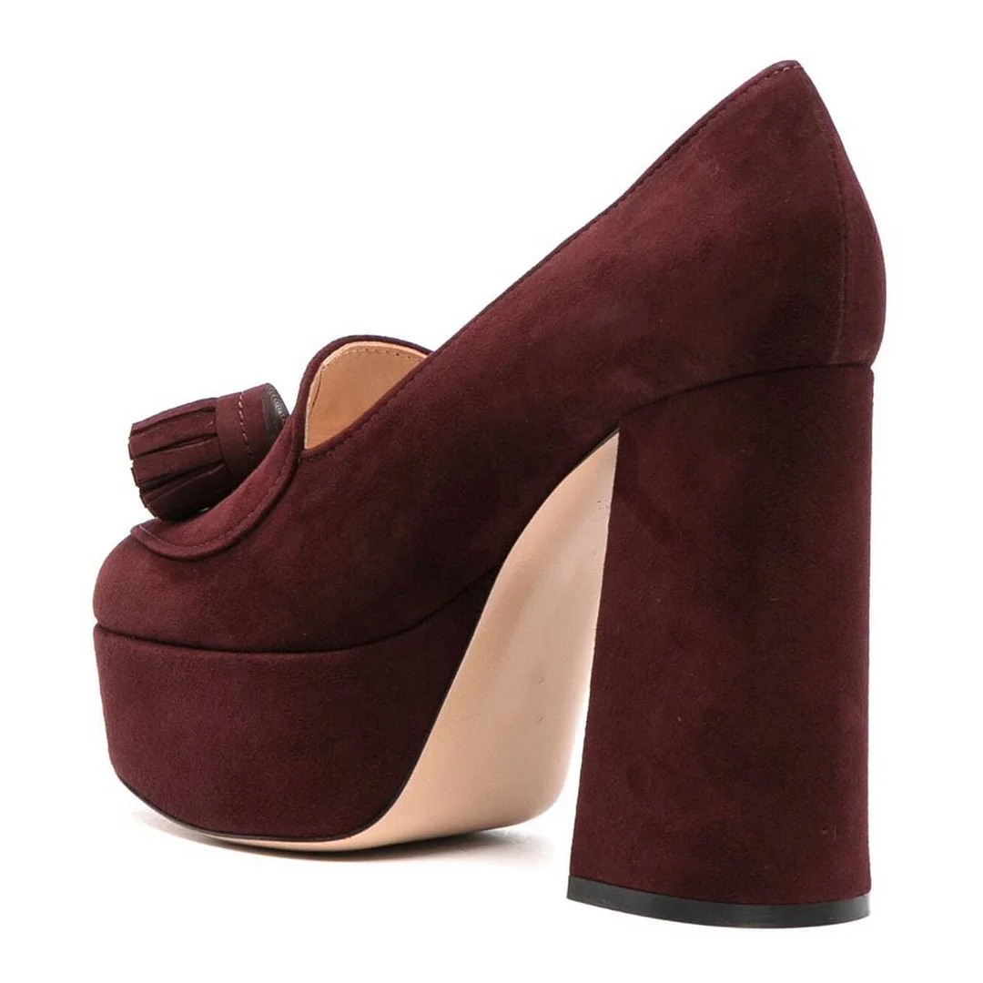 Maroon Fringe Round Toe Chunky Heel Platform Pumps for Women