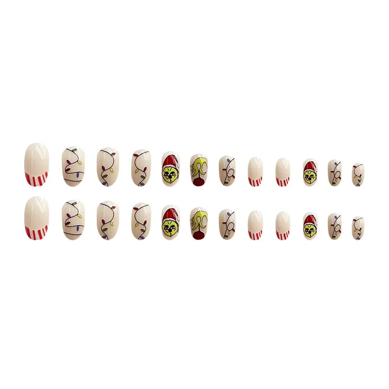 Churchf Churchf And Lovely Sweet Greenky Round Head Nail Christmas Lights French Fake Nail Wear Beautiful Nail Piece