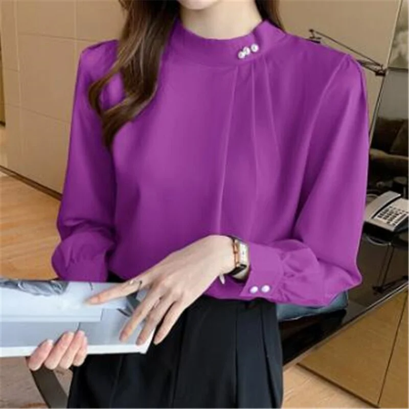 Silky Satin Beaded Women's Blouses Shirts Elegant Pullover Chiffon Long-sleeved Shirt Stand-up Collar Ladies Tops Female Blouse