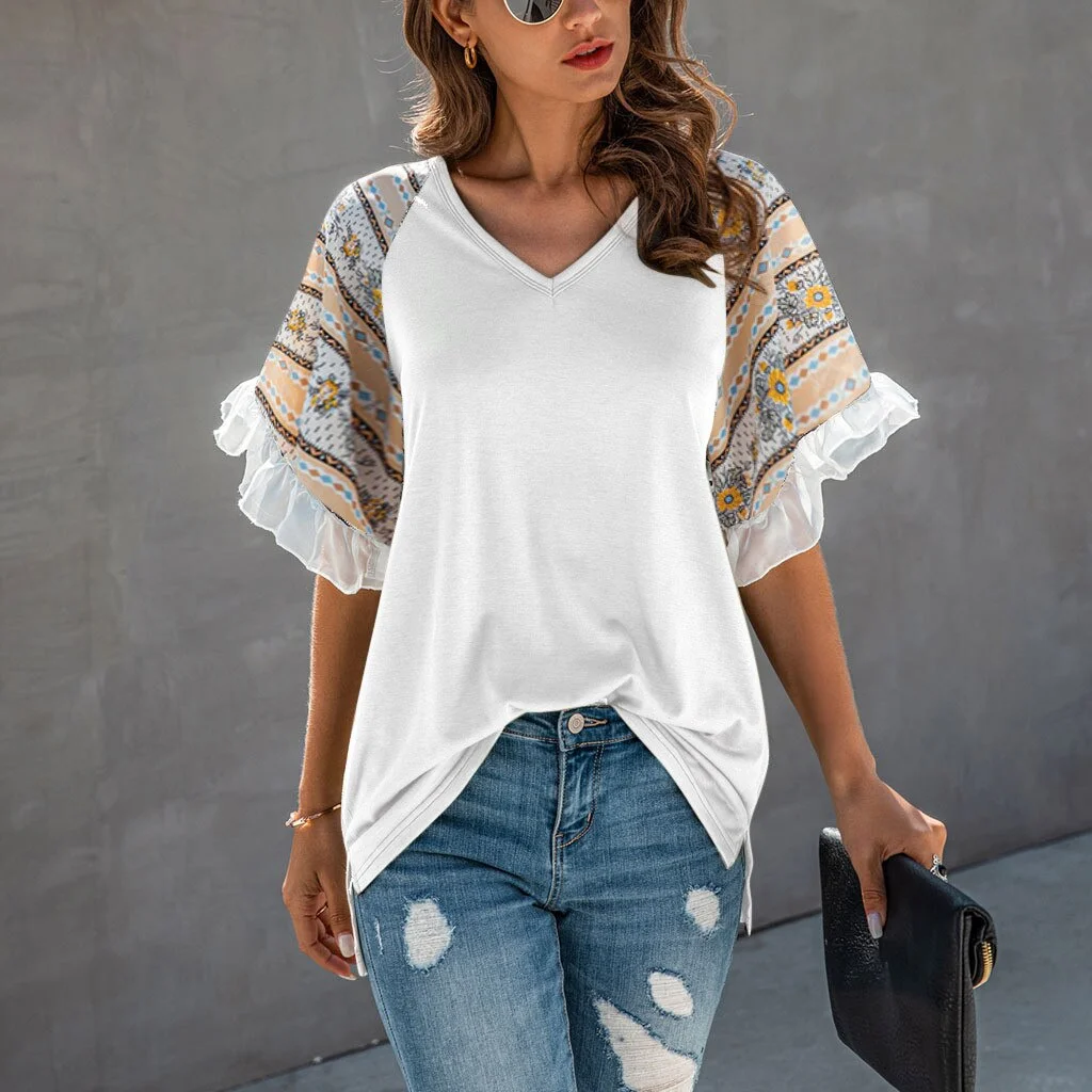 Fashion Ruffles Print Tunic Blouse Patchwork Loose V-Neck Tops Casual Summer Ladies Female Women Short Sleeve Blusas Pullover