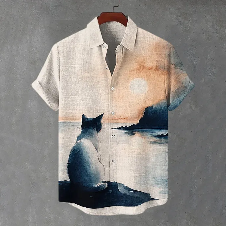 Men's Cat Waiting For Sunrise Landscape Ink Painting Art Print Casual Shirt