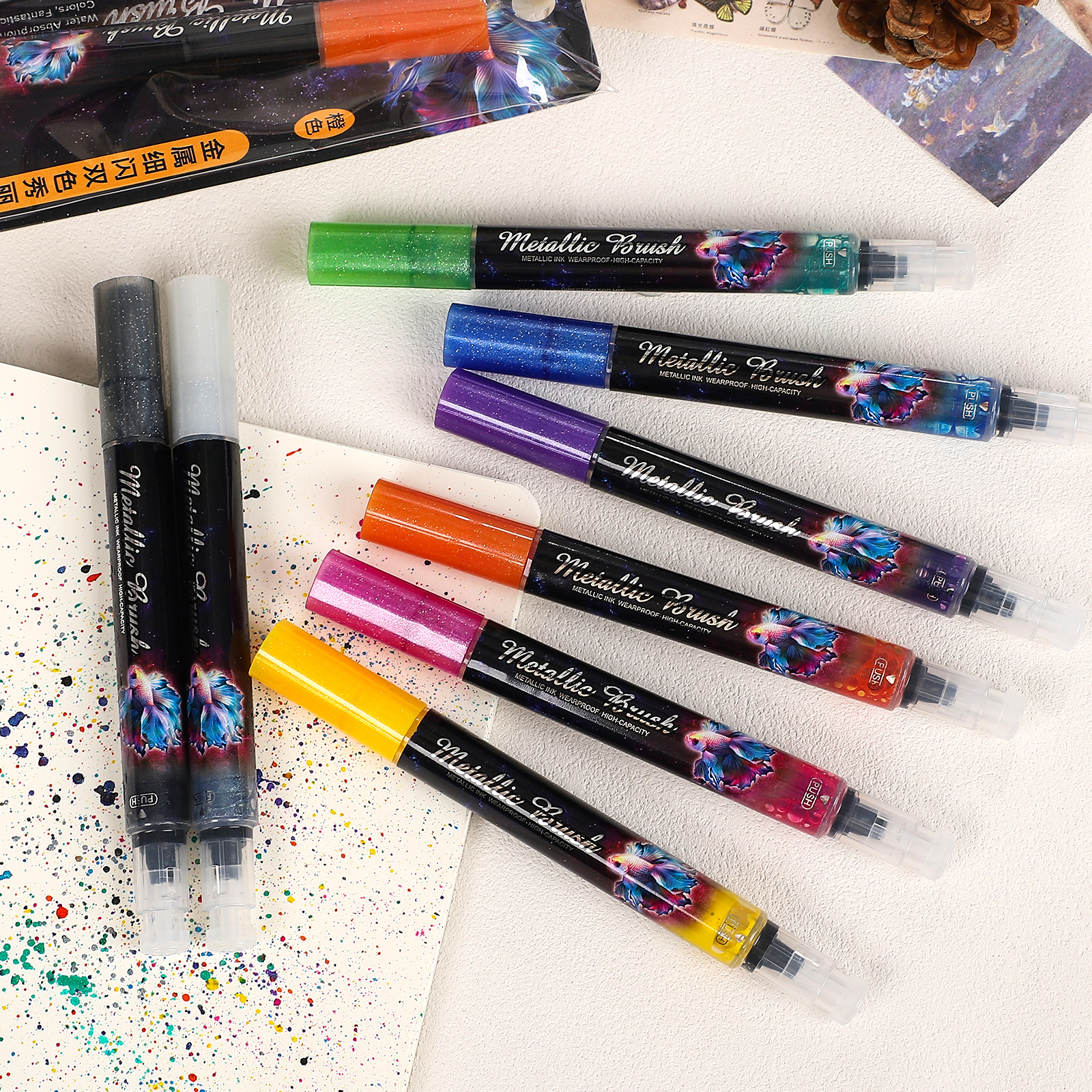 부드러운 브러시 펜 - 1개 다채로운 금속 미세 반짝이 아름다운 펜 그림 수채화