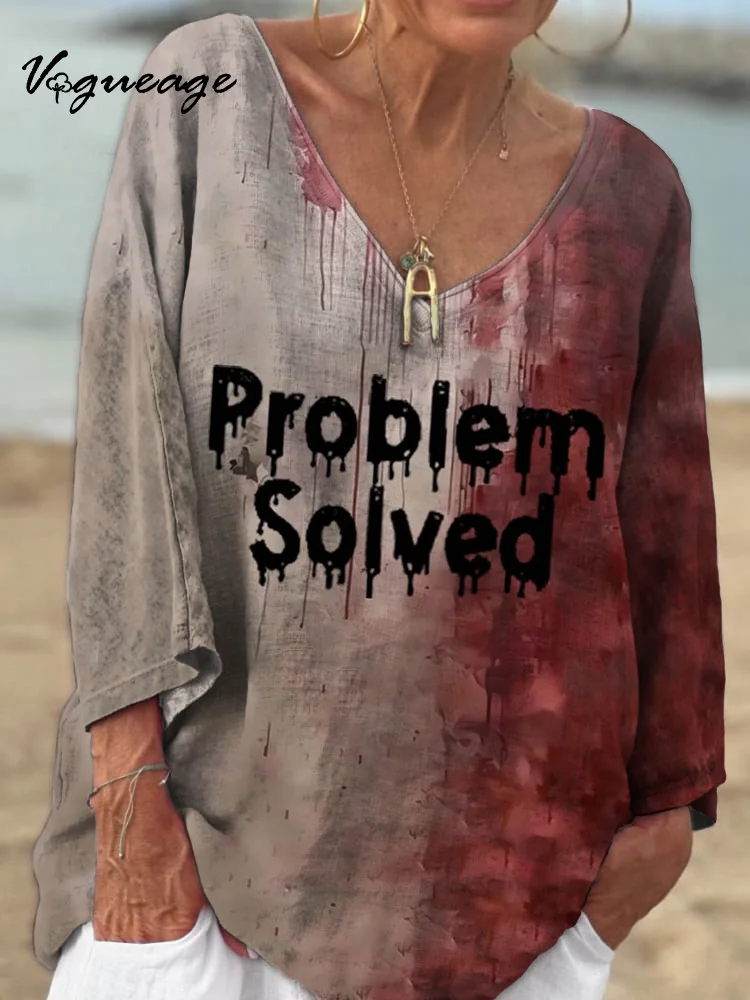 Women's Bloody Problem Solved Halloween Printed Cotton And Linen Shirt