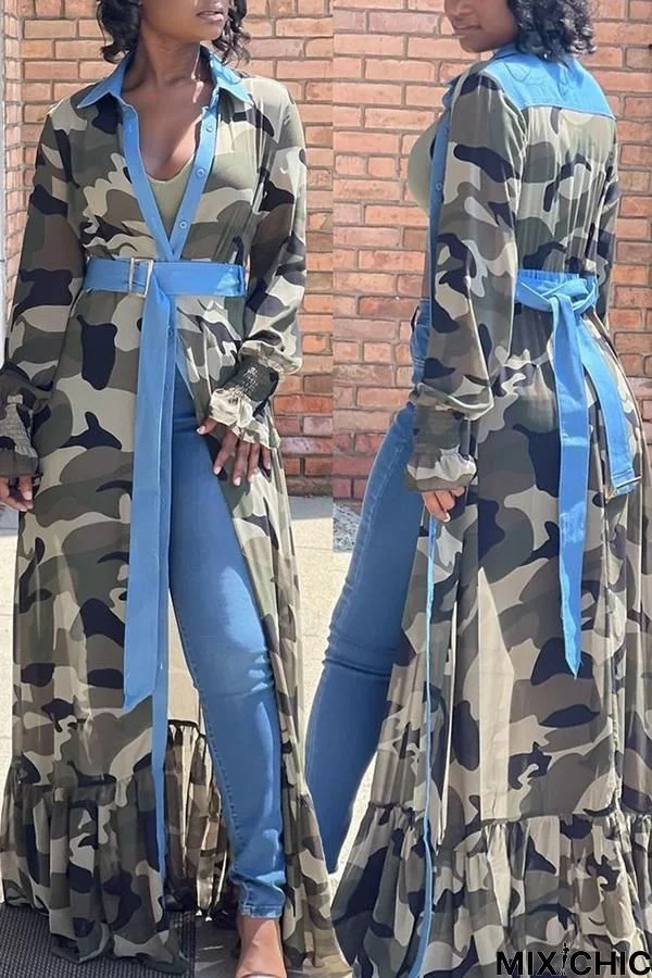 Camouflage Patchwork Shirt Collar Maxi Dress