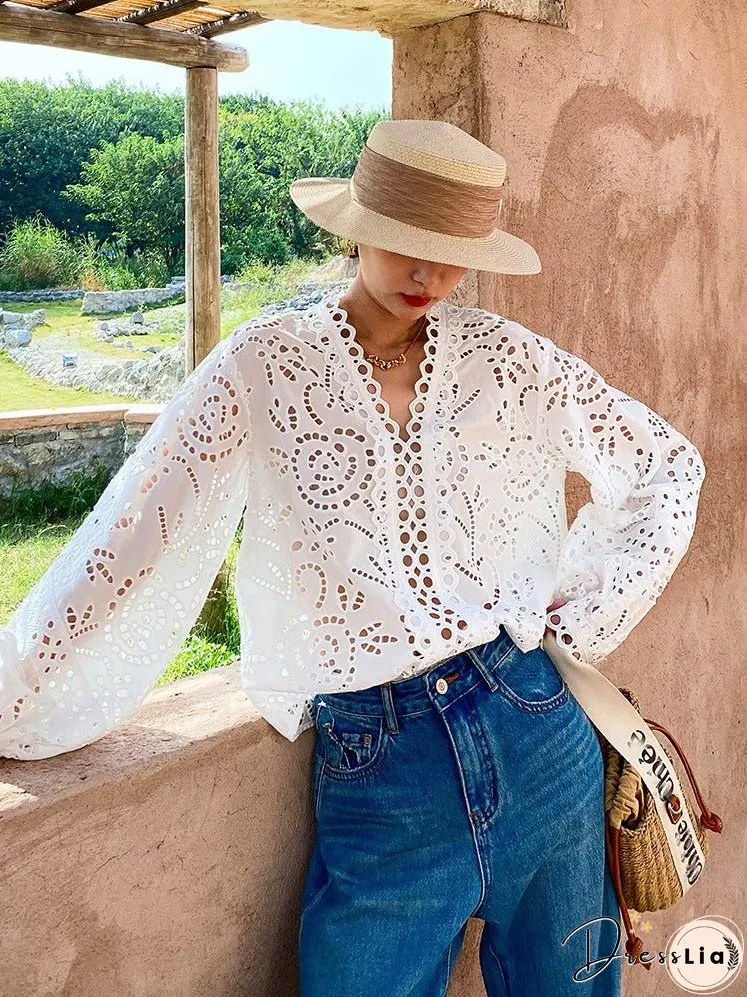 Women's Cotton Embroidered French White Shirt Long Clothing