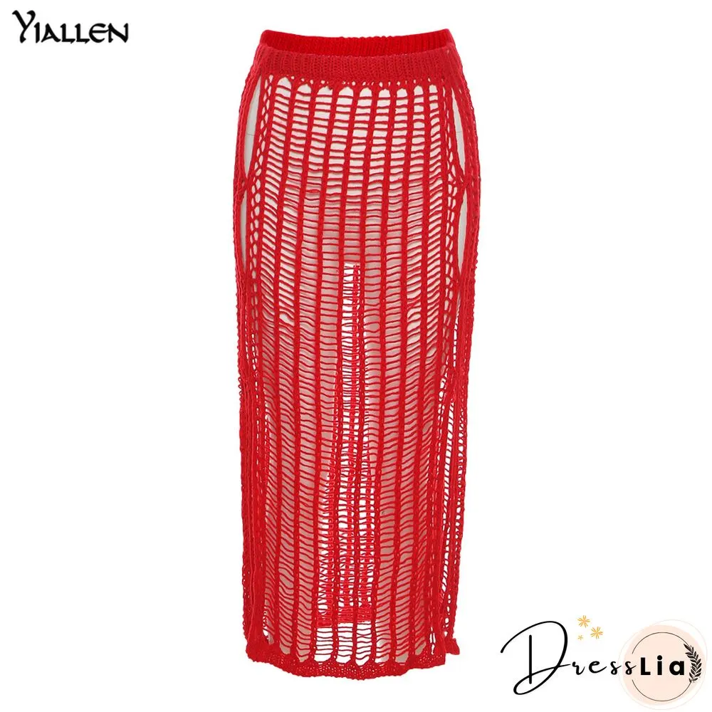 Summer Yellow Openwork Weaving Long Skirt